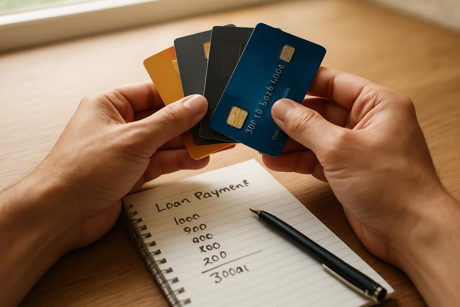 Hands holding credit cards while calculating debt consolidation loan payments