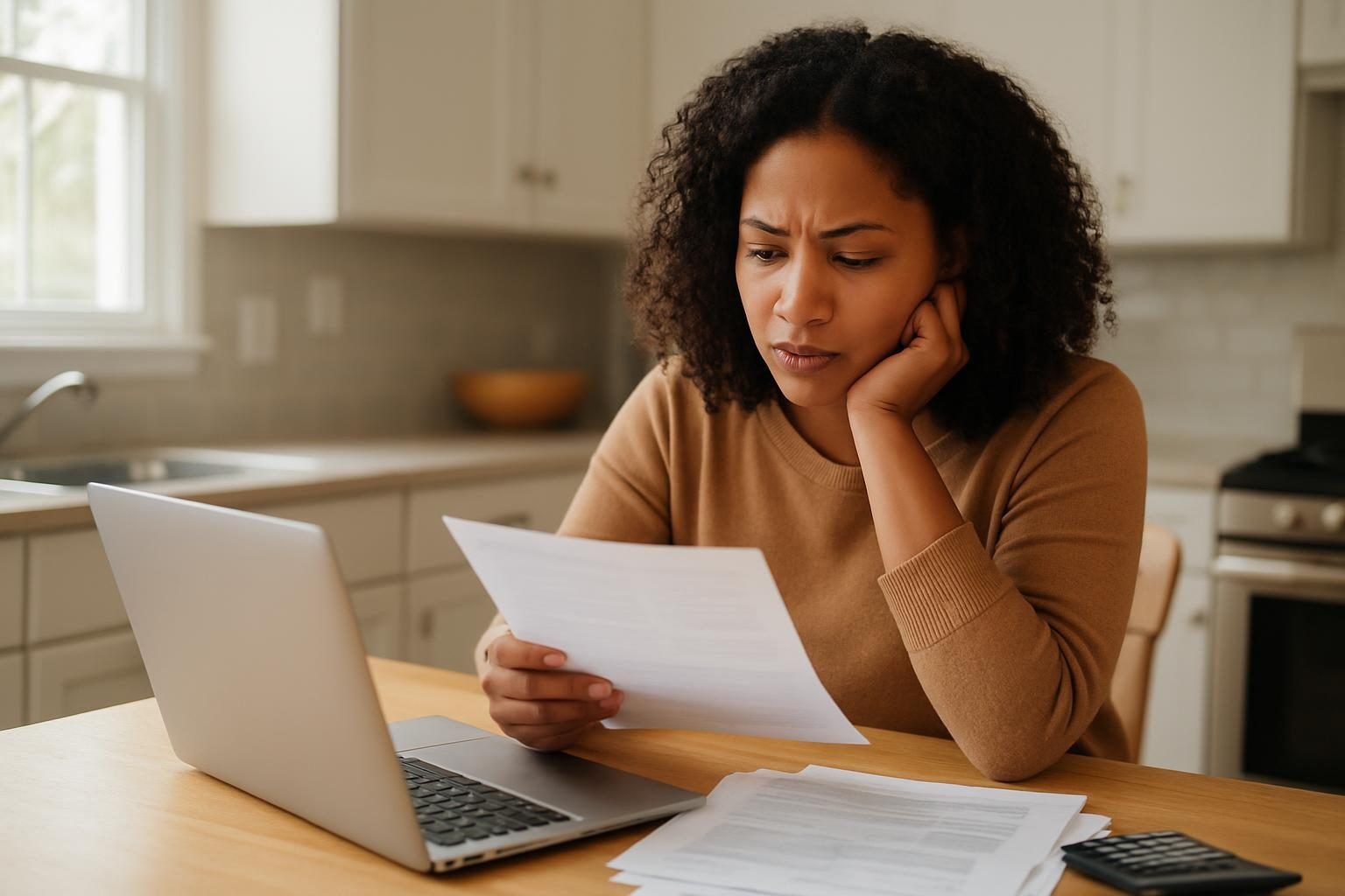Woman researching whether debt relief programs are legitimate at her kitchen table