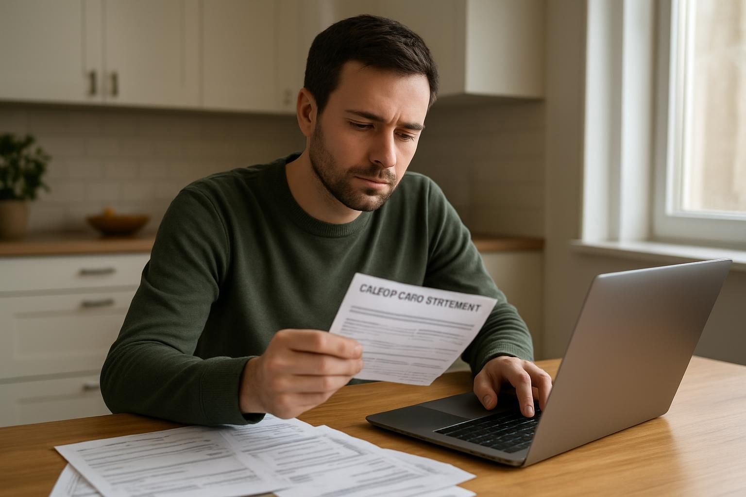 Person reviewing credit card statements while considering whether debt settlement companies are a good option