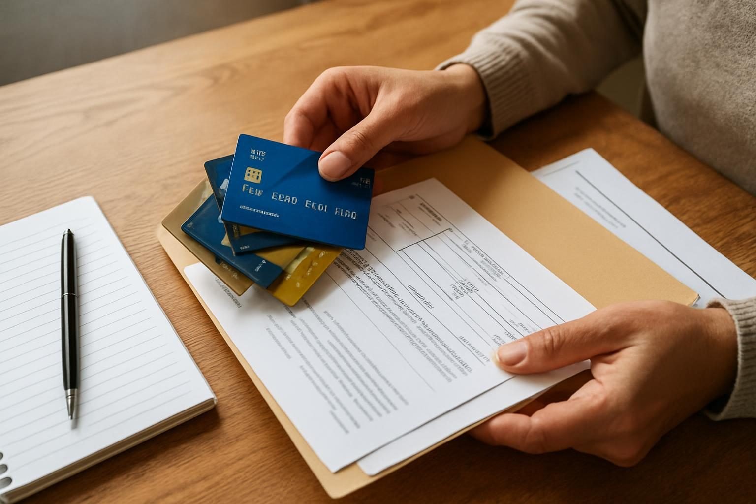 Hands organizing credit cards and statements for bill consolidation