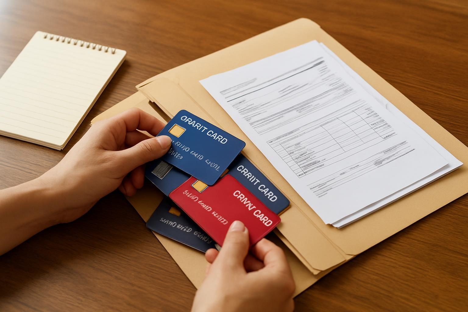 Hands combining several credit card bills into one folder for debt consolidation
