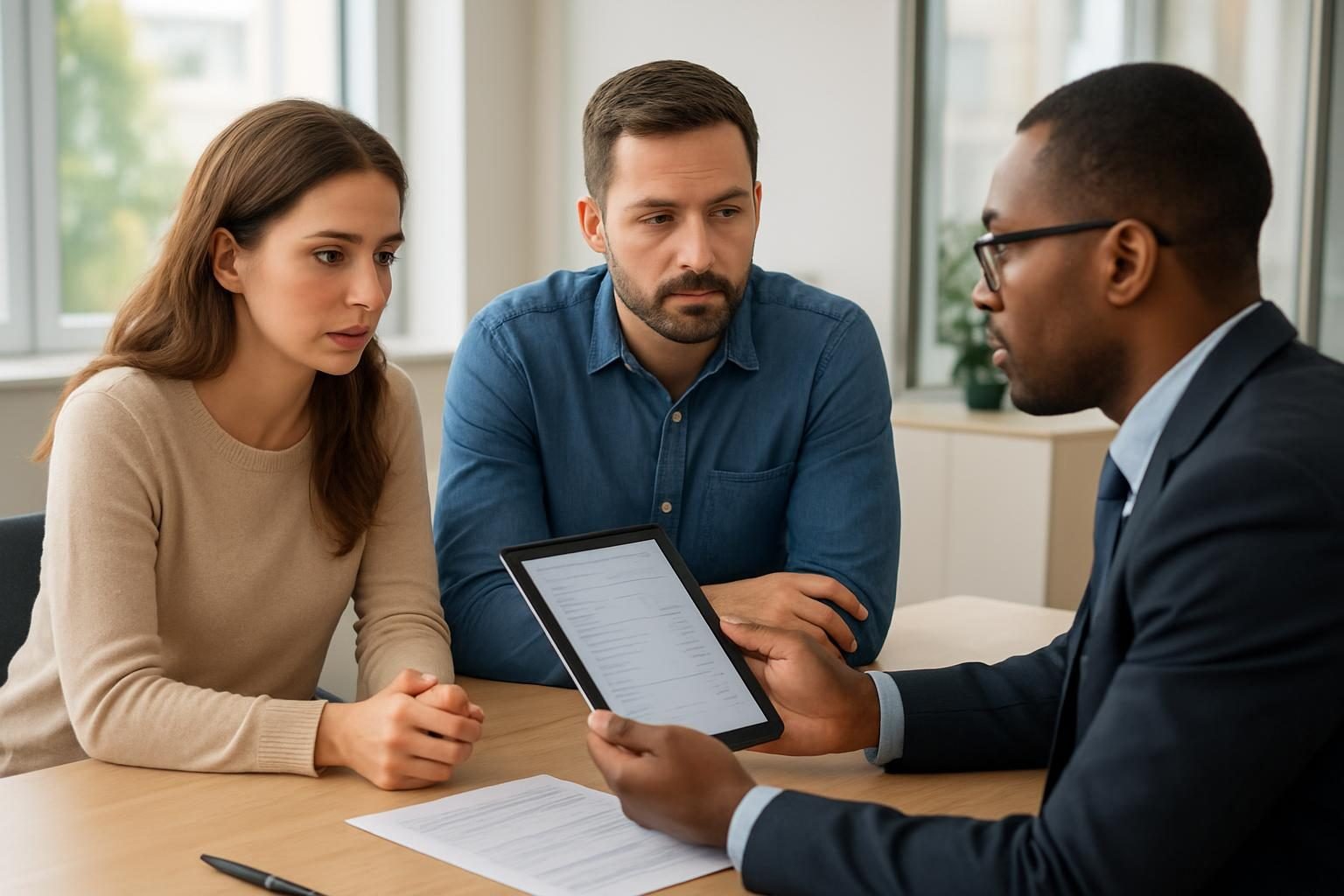 Couple discussing debt consolidation loan qualification with a lender