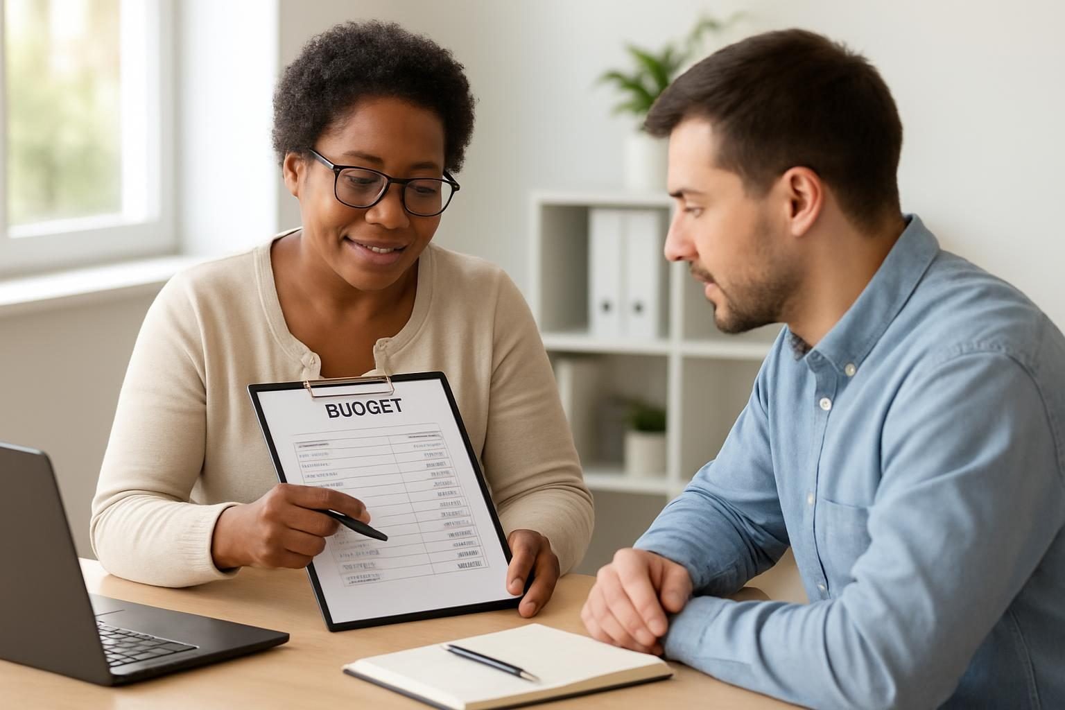 Credit counselor explaining a debt management plan to a client