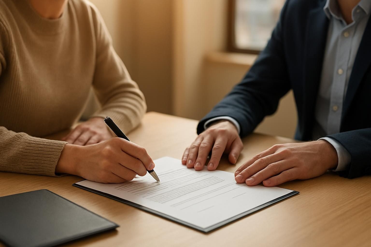 Borrower reviewing secured loan or cosigner paperwork with a lender