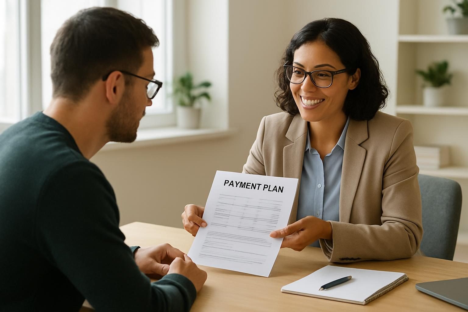 Counselor explaining debt consolidation and debt relief options to a client