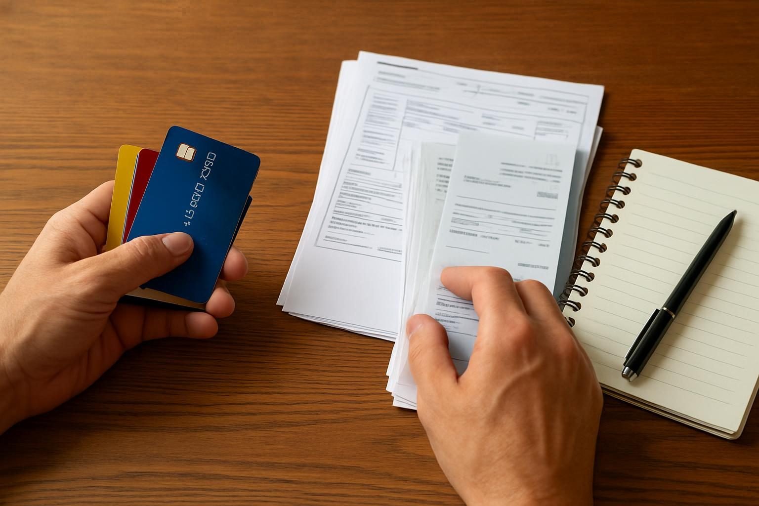 Hands organizing credit cards and bills to decide between debt relief and consolidation