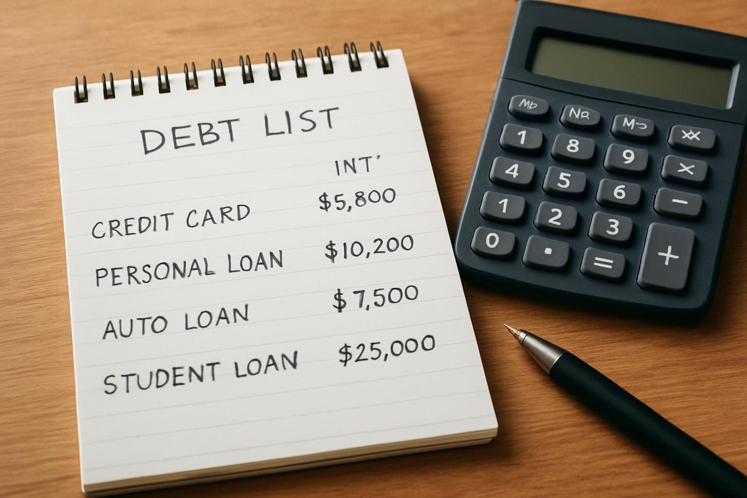 Handwritten list of debts ranked by interest rate for the debt avalanche method