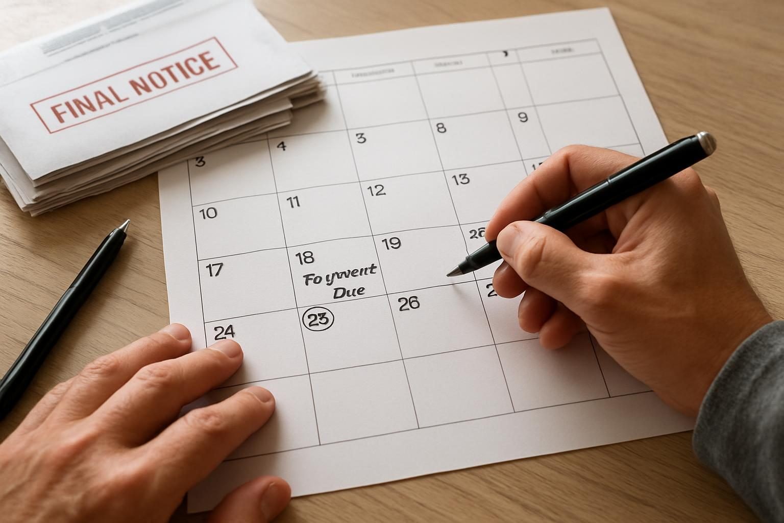 Calendar with payment dates showing missed payments that hurt credit during debt settlement