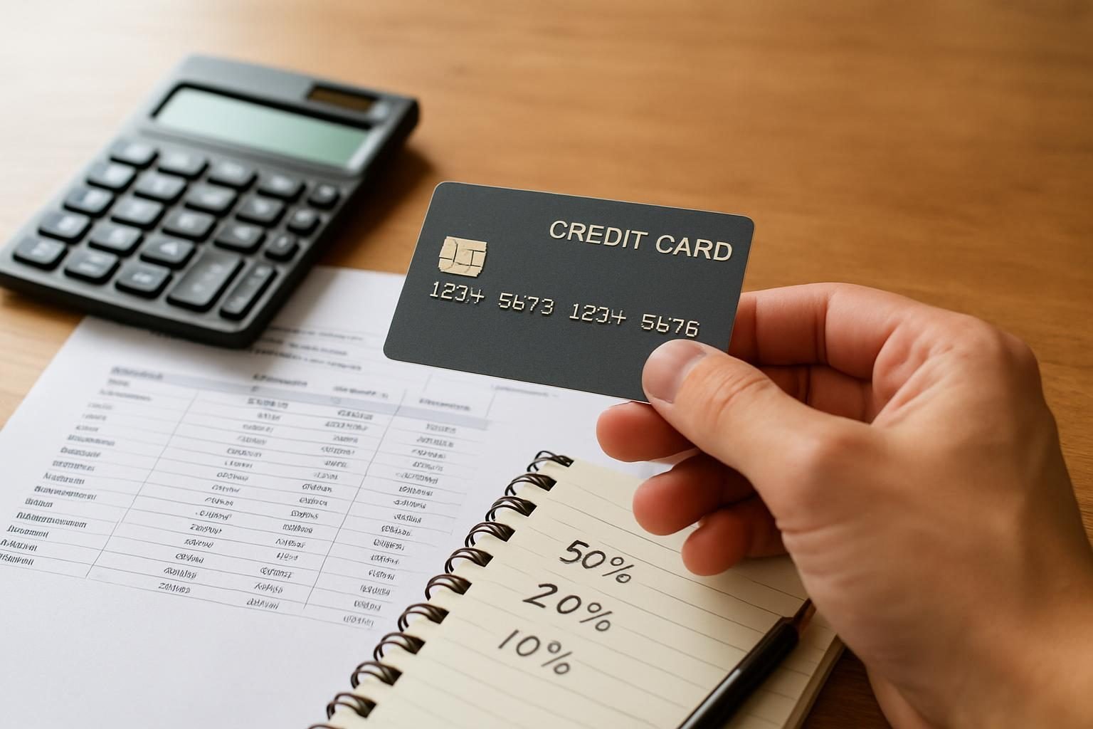 Hand holding a credit card beside a calculator while checking APR and interest charges