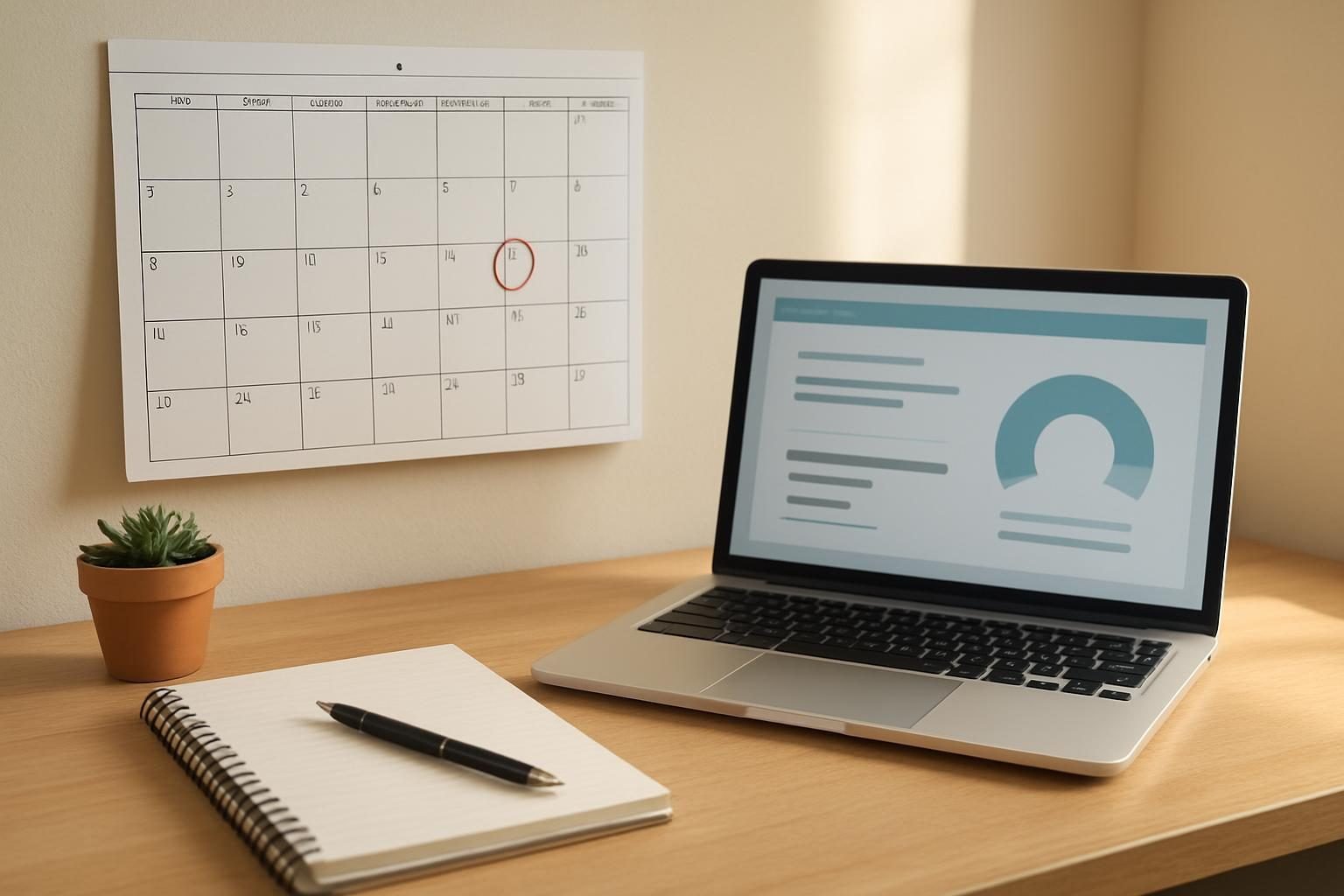 Desk with calendar and laptop used to track a credit card due date and grace period