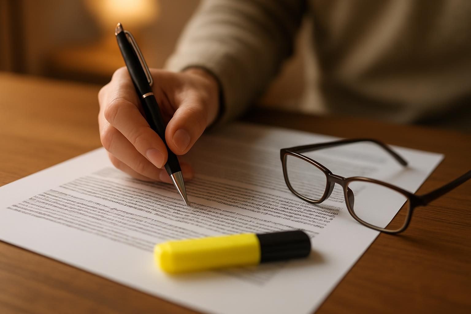 Hands reviewing a debt relief contract before signing