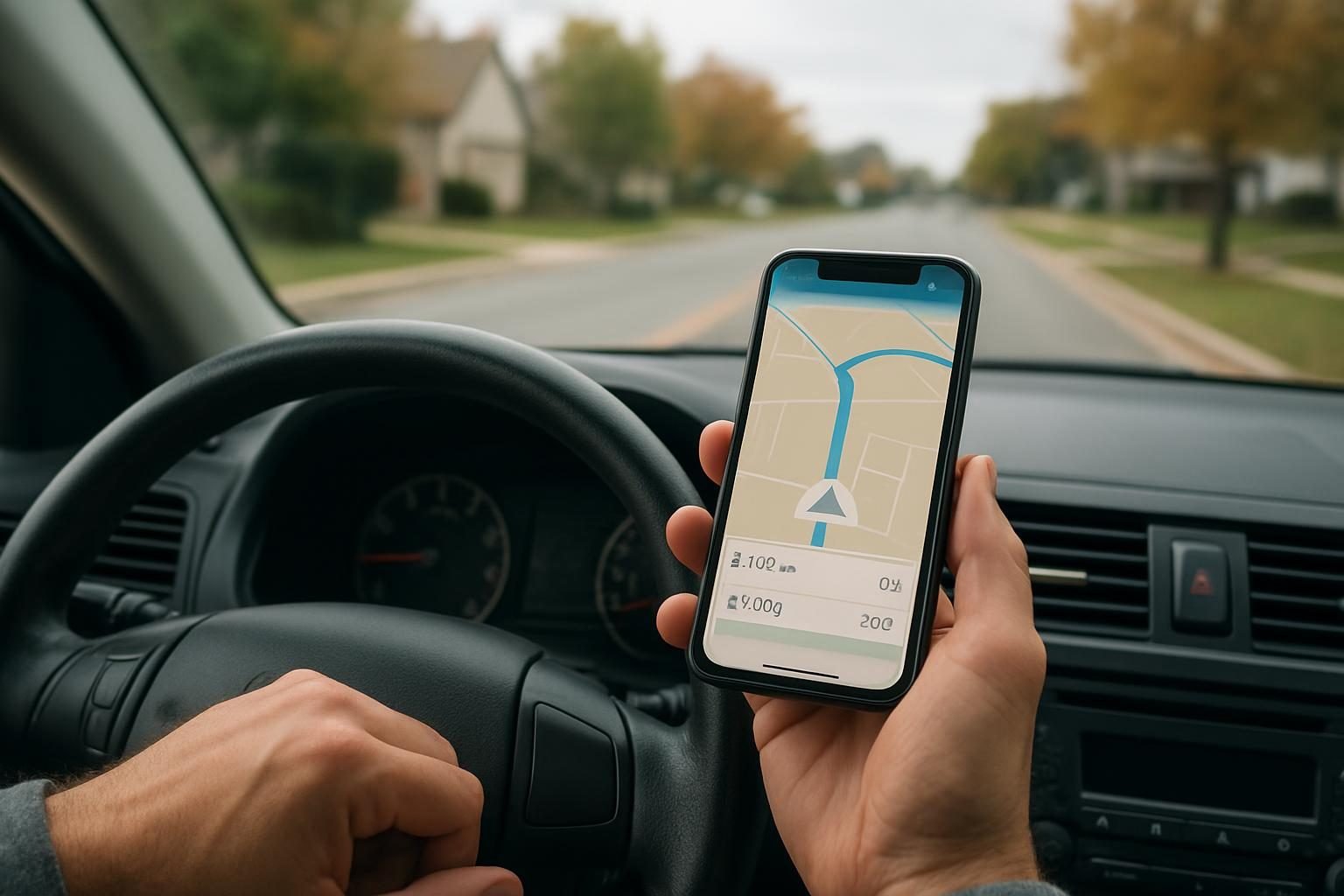 Driver using a telematics app on a phone to lower car insurance costs