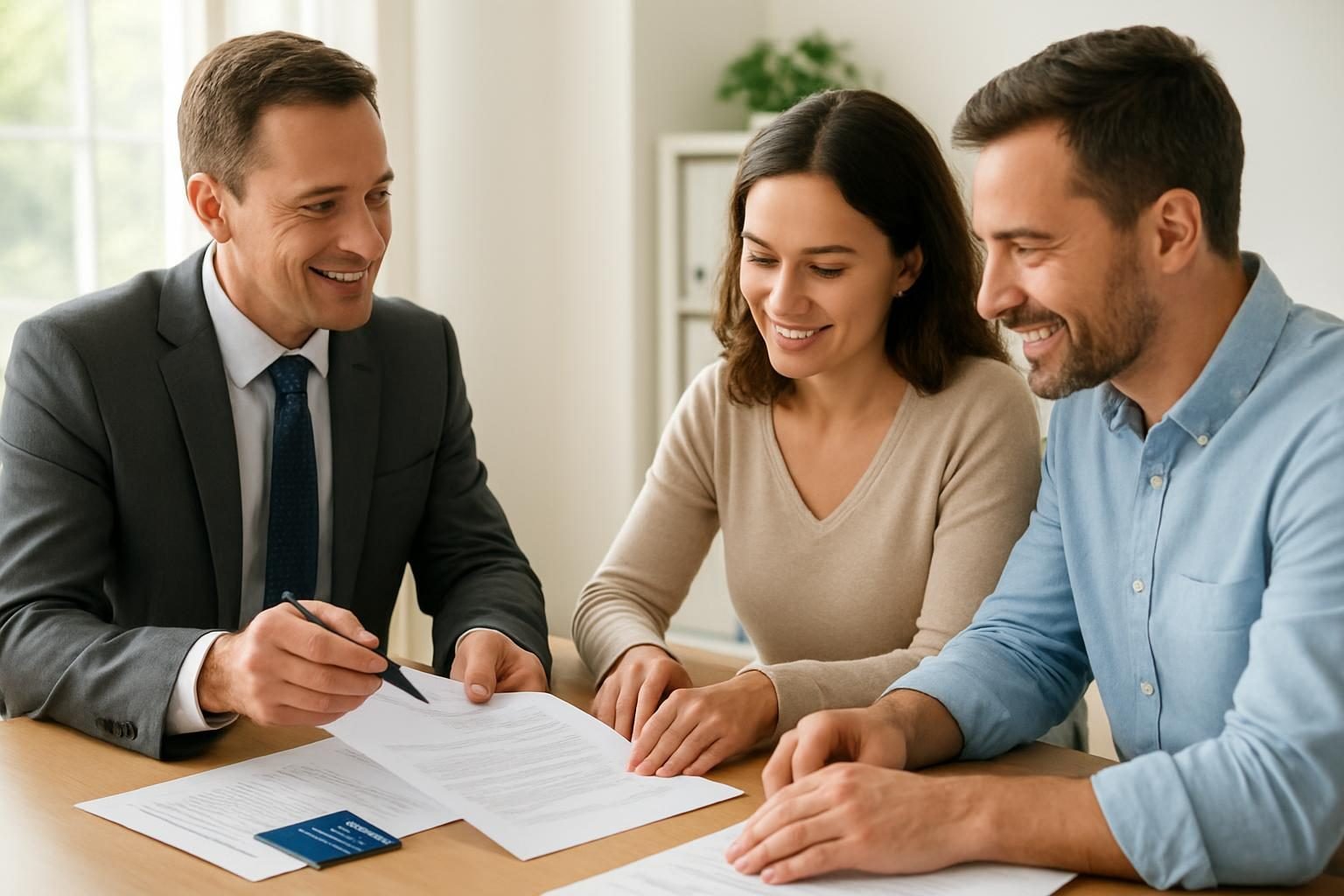 Agent reviewing car insurance discounts and bundling options with a couple