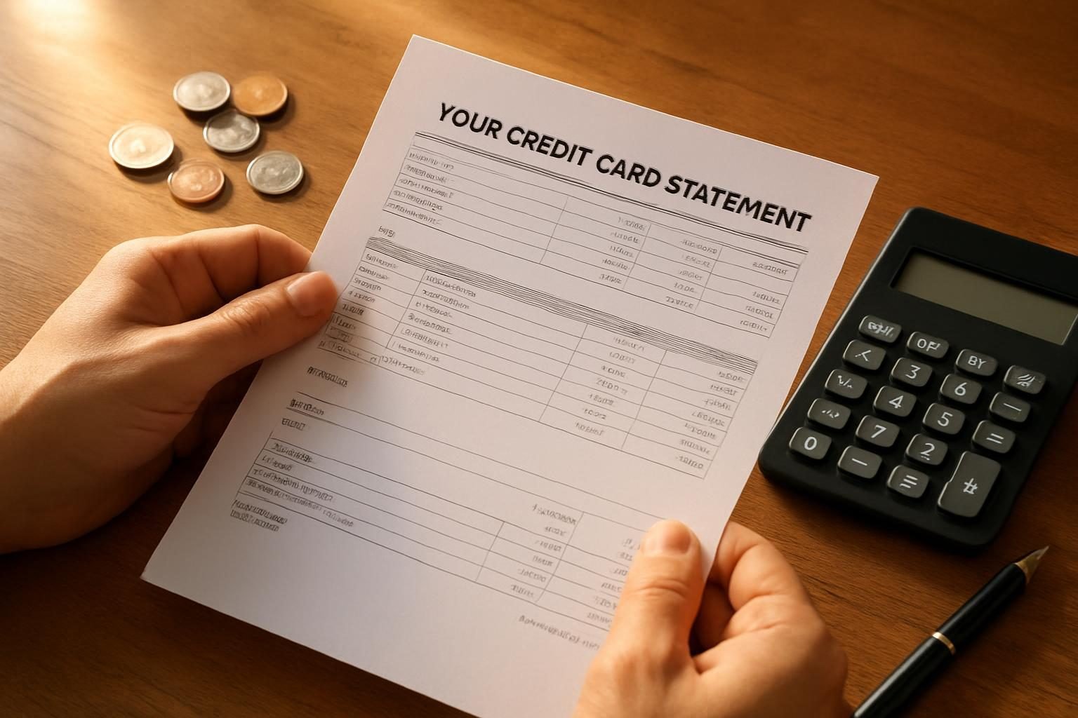Hands holding a credit card bill with calculator showing how minimum payments add up