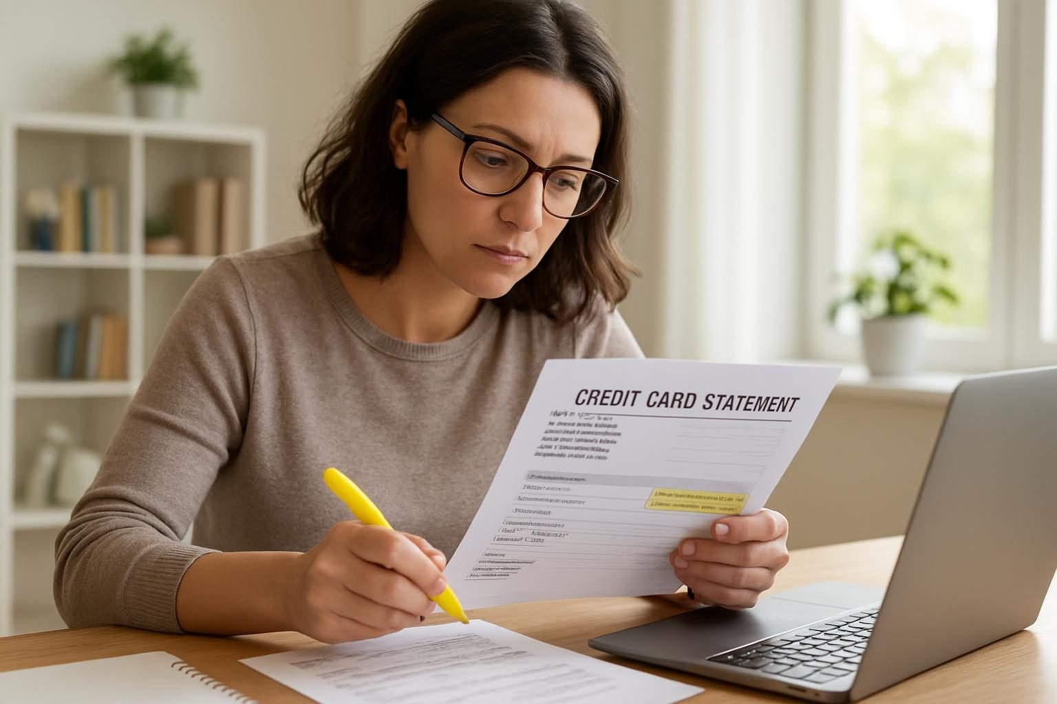 Woman highlighting the minimum payment warning box on a credit card statement