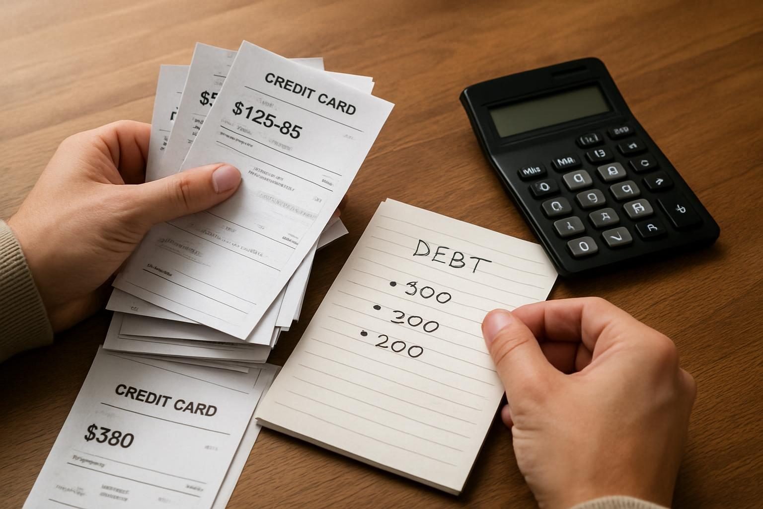 Hands organizing credit card balances and a debt list on a desk
