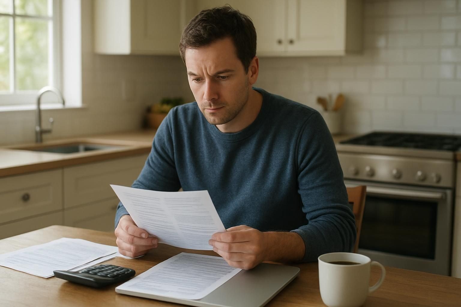 Person reviewing personal loan requirements and paperwork at a kitchen table