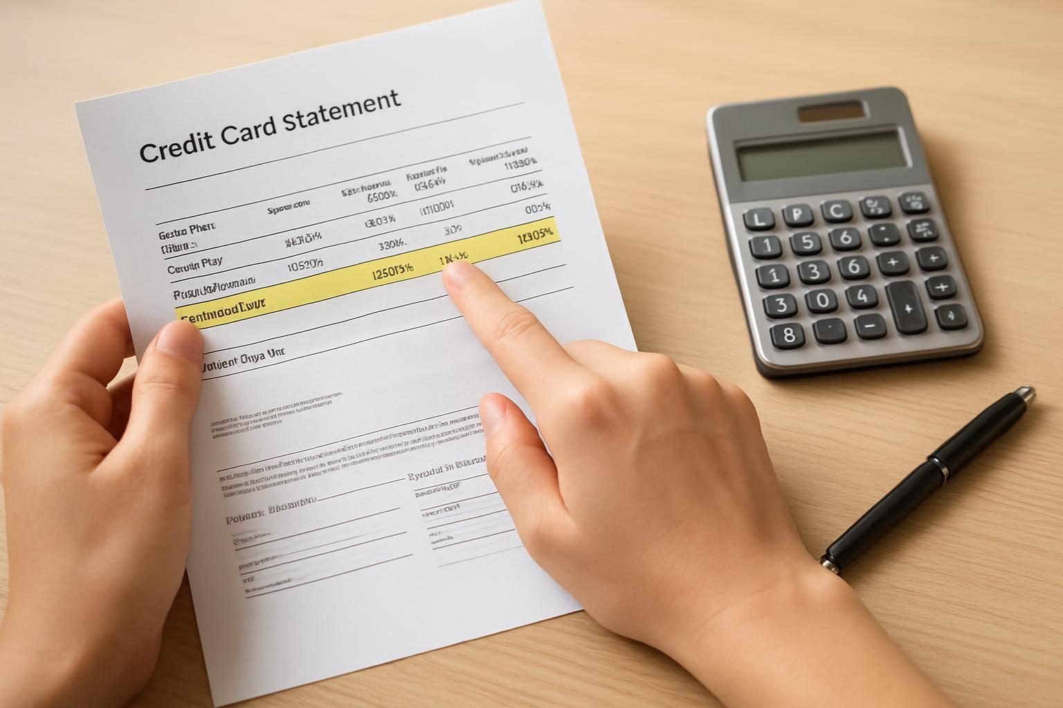 Credit card statement showing minimum payment due next to a calculator