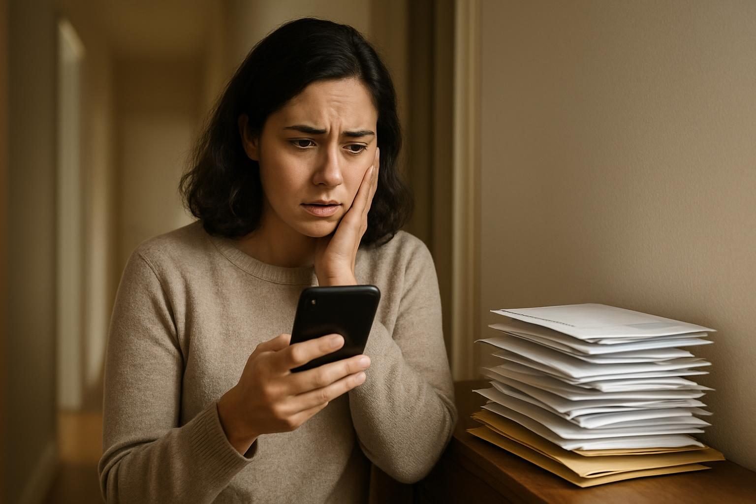 Person worried about debt collection calls and unopened bills on a table