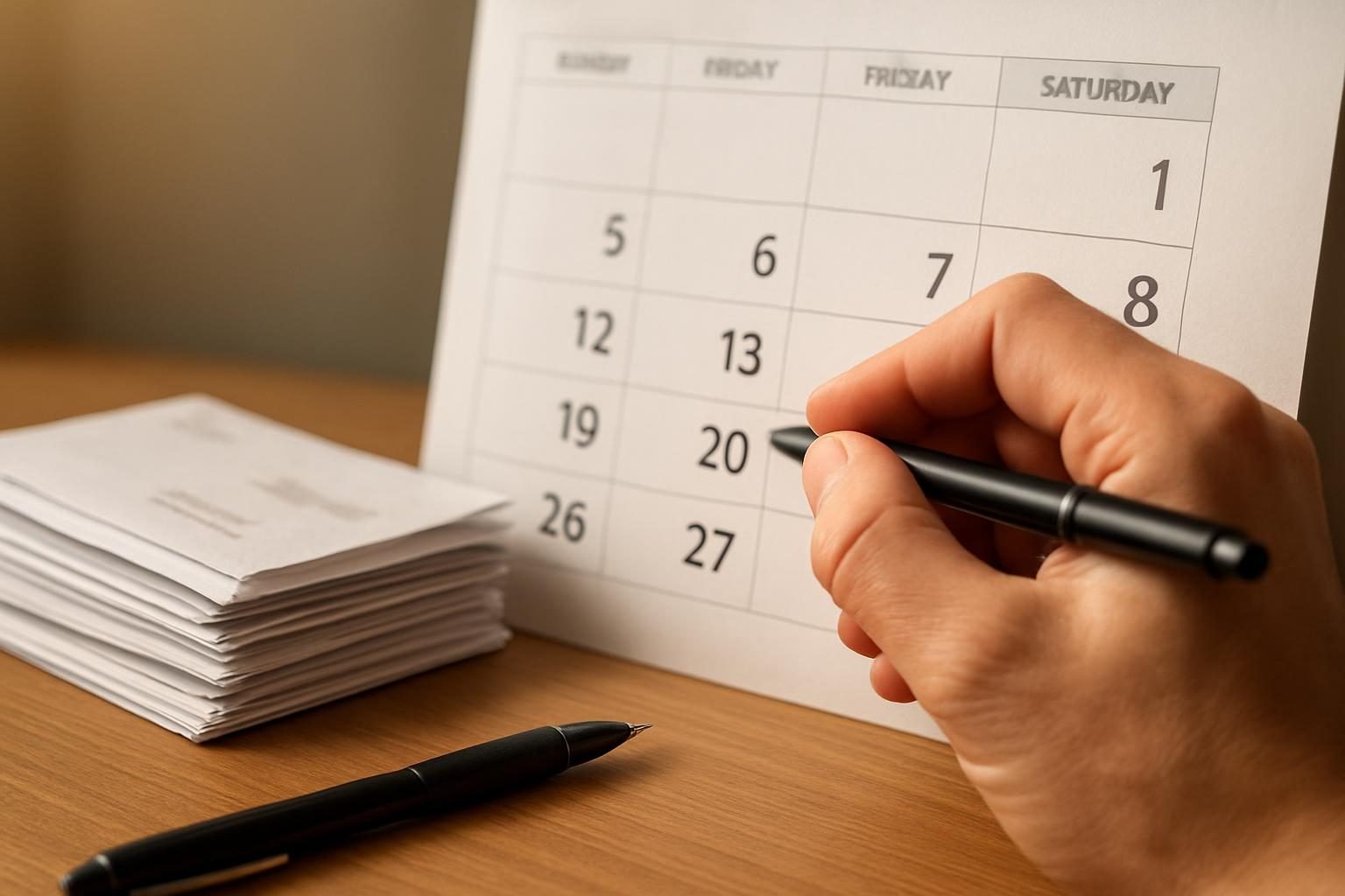 Calendar and bills used to track the statute of limitations on debt deadlines